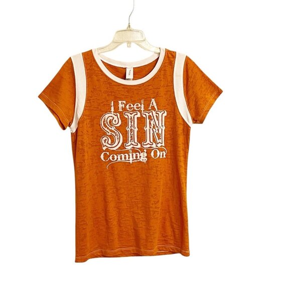 Orange Ringer Baby Tee I Feel a Sin Coming On Graphic Y2K Retro Burnout SZ Large - Picture 1 of 7